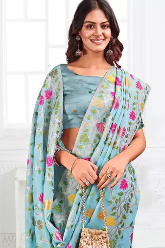 Blue linen printed saree with blouse