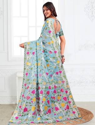 Blue linen printed saree with blouse 4