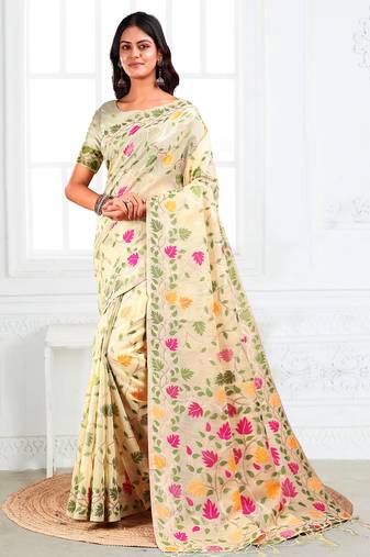 Cream linen printed saree with blouse