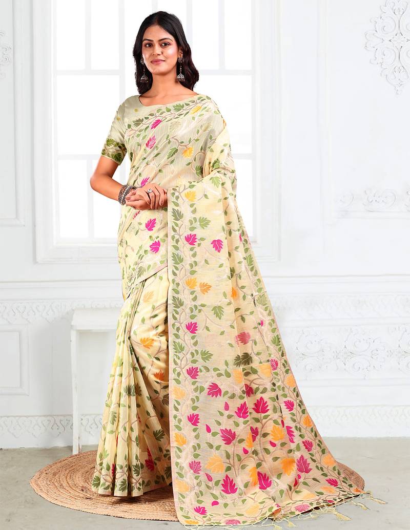 Cream linen printed saree with blouse