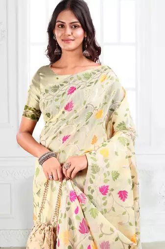 Cream linen printed saree with blouse