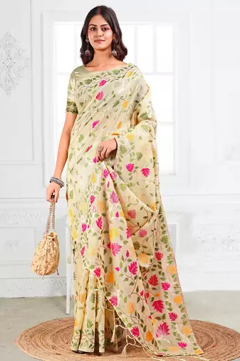 Cream linen printed saree with blouse