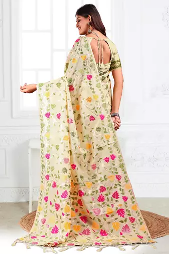 Cream linen printed saree with blouse