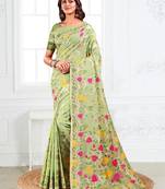 Green linen printed saree with blouse