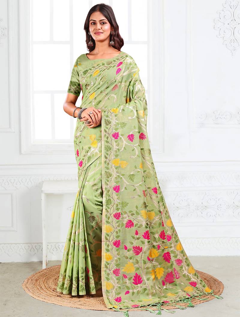 Green linen printed saree with blouse