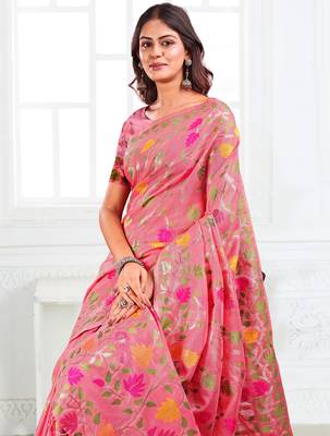 Pink linen printed saree with blouse 2
