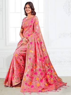 Pink linen printed saree with blouse 3