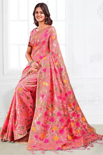 Pink linen printed saree with blouse