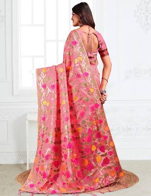 Pink linen printed saree with blouse 4