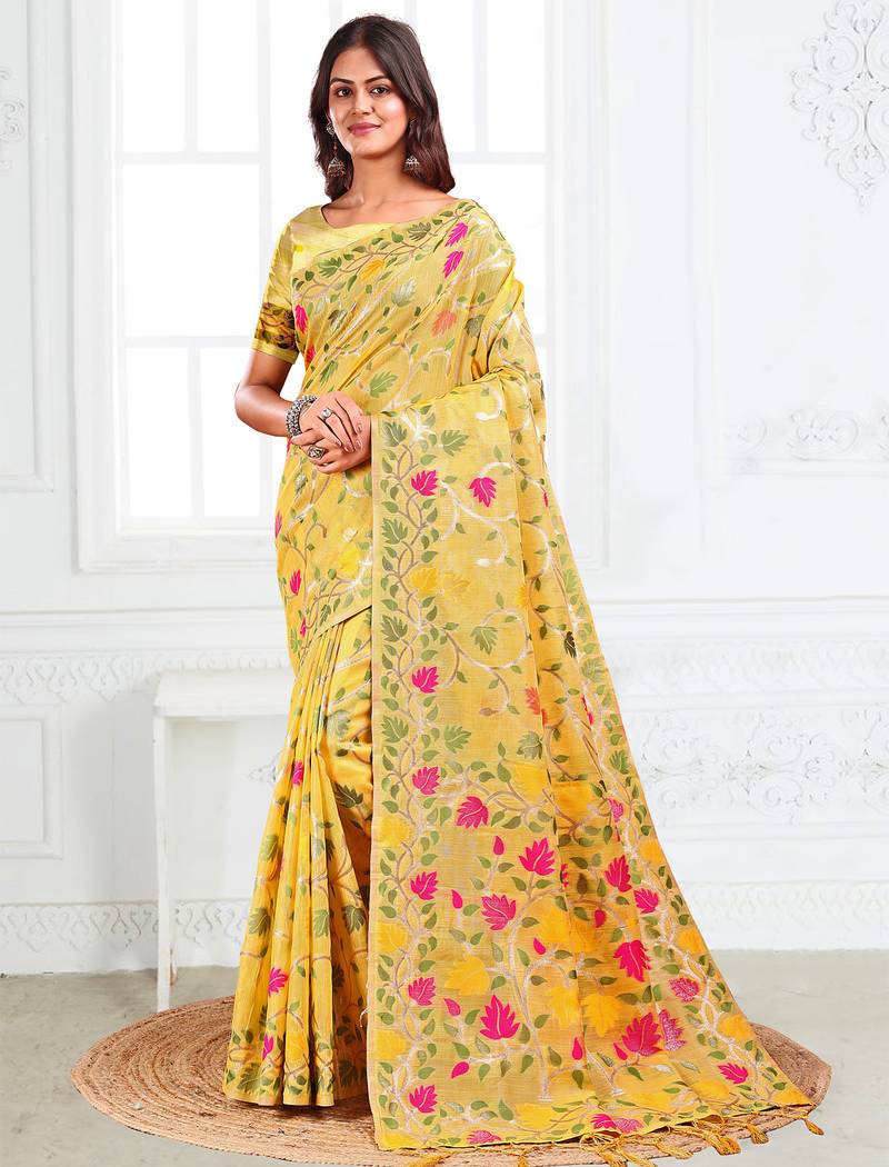 Yellow linen printed saree with blouse