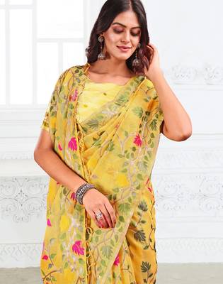 Yellow linen printed saree with blouse 2