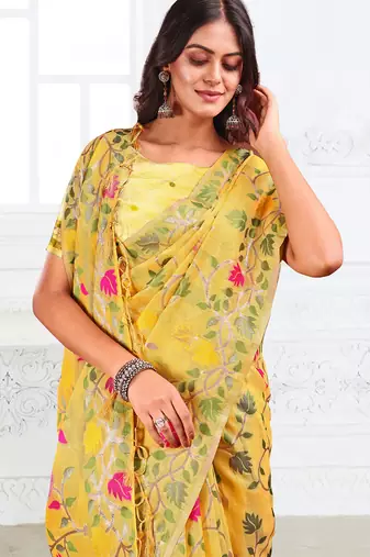 Yellow linen printed saree with blouse