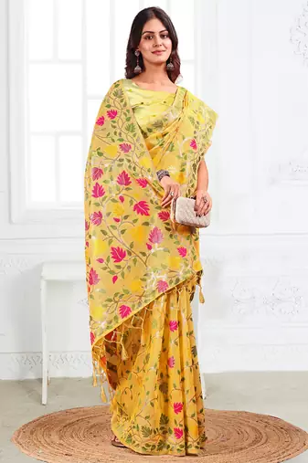 Yellow linen printed saree with blouse