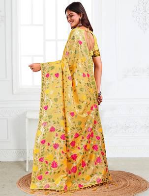 Yellow linen printed saree with blouse 4