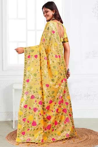 Yellow linen printed saree with blouse