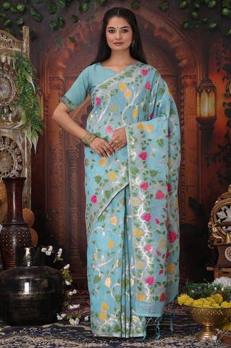 Blue linen printed saree with blouse
