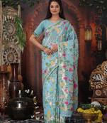 Blue linen printed saree with blouse