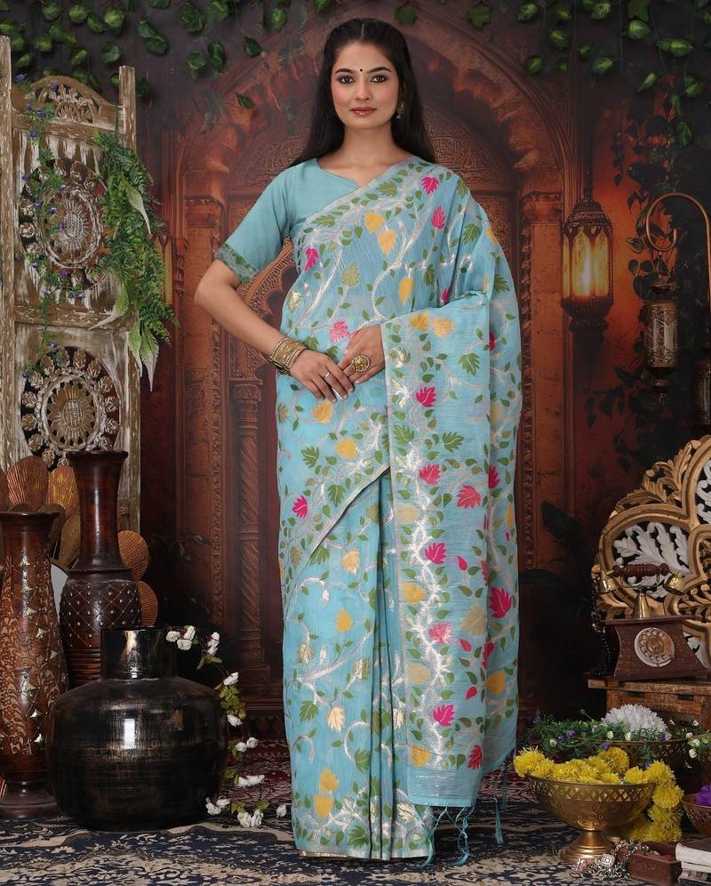 Blue linen printed saree with blouse