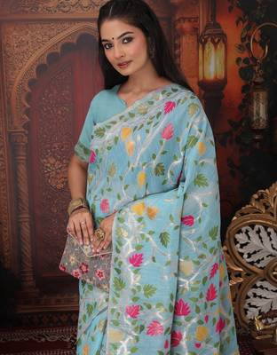 Blue linen printed saree with blouse 2