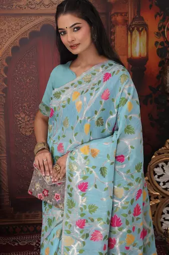 Blue linen printed saree with blouse