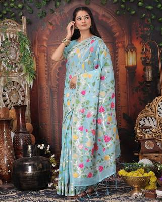 Blue linen printed saree with blouse 3