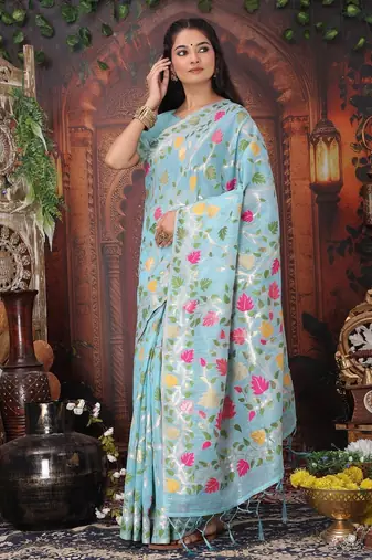 Blue linen printed saree with blouse