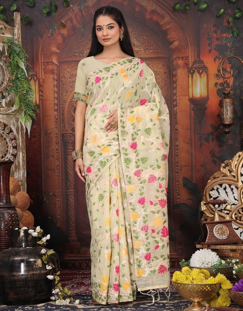Cream linen printed saree with blouse