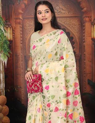 Cream linen printed saree with blouse 2