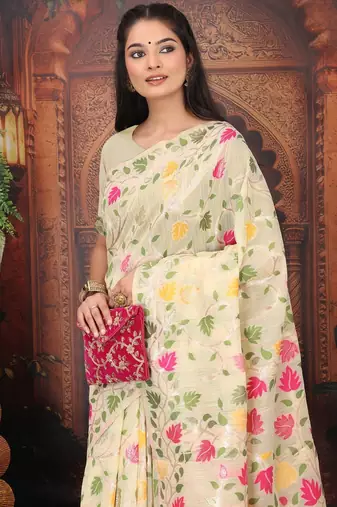 Cream linen printed saree with blouse