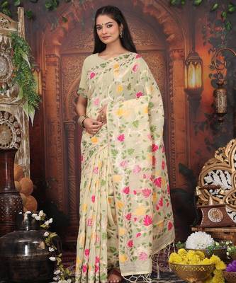 Cream linen printed saree with blouse 3