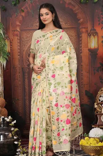 Cream linen printed saree with blouse
