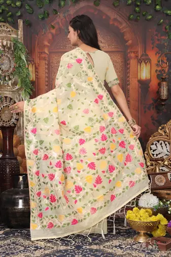 Cream linen printed saree with blouse
