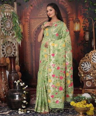 Green linen printed saree with blouse 1