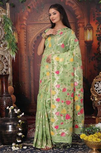 Green linen printed saree with blouse