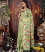 Green linen printed saree with blouse