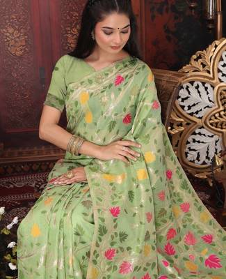 Green linen printed saree with blouse 2