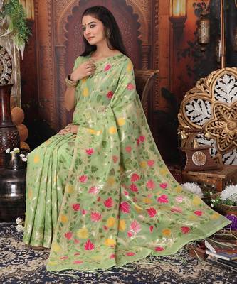 Green linen printed saree with blouse 3