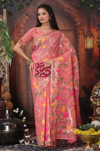 Pink linen printed saree with blouse