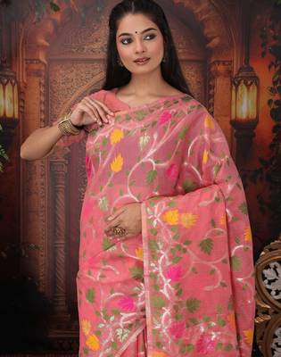 Pink linen printed saree with blouse 2