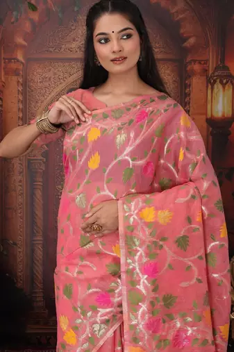 Pink linen printed saree with blouse