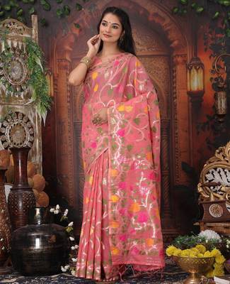 Pink linen printed saree with blouse 3