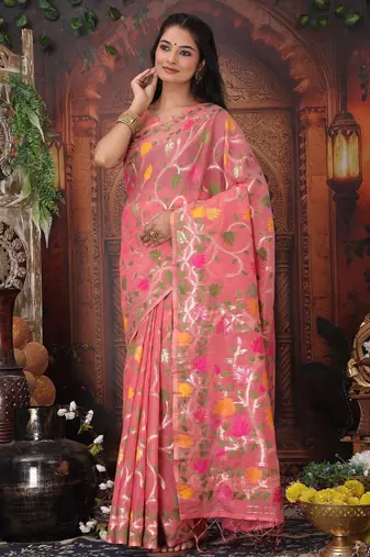 Pink linen printed saree with blouse