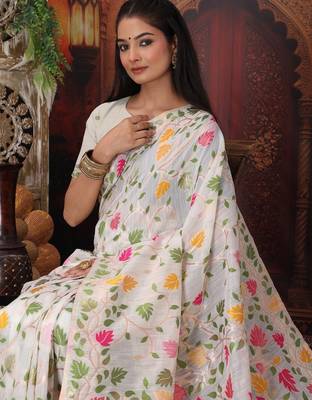 White linen printed saree with blouse 2