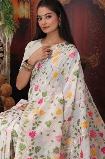 White linen printed saree with blouse