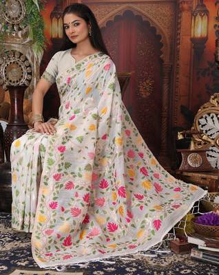 White linen printed saree with blouse 3