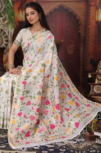 White linen printed saree with blouse