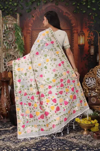 White linen printed saree with blouse