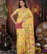 Yellow linen printed saree with blouse
