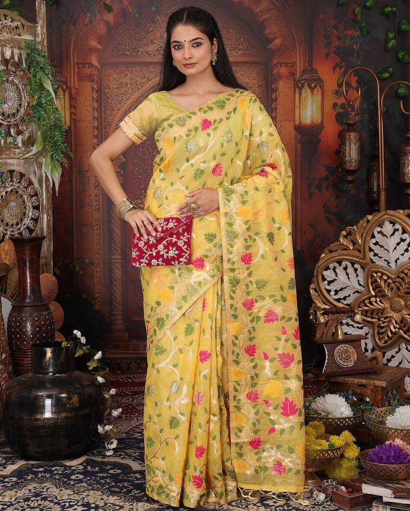 Yellow linen printed saree with blouse