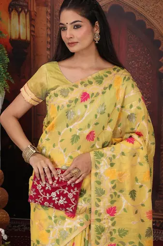 Yellow linen printed saree with blouse
